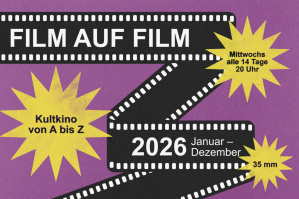 Design zur Reihe „Film auf Film“; lila Design mit schwarzem Filmstreifen übers Bild gezogen.