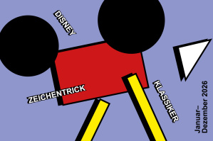 Plakat mit stilisierter Filmkamera in Mickey-Mouse-Form und den Worten „Disney Zeichentrick Klassiker“.